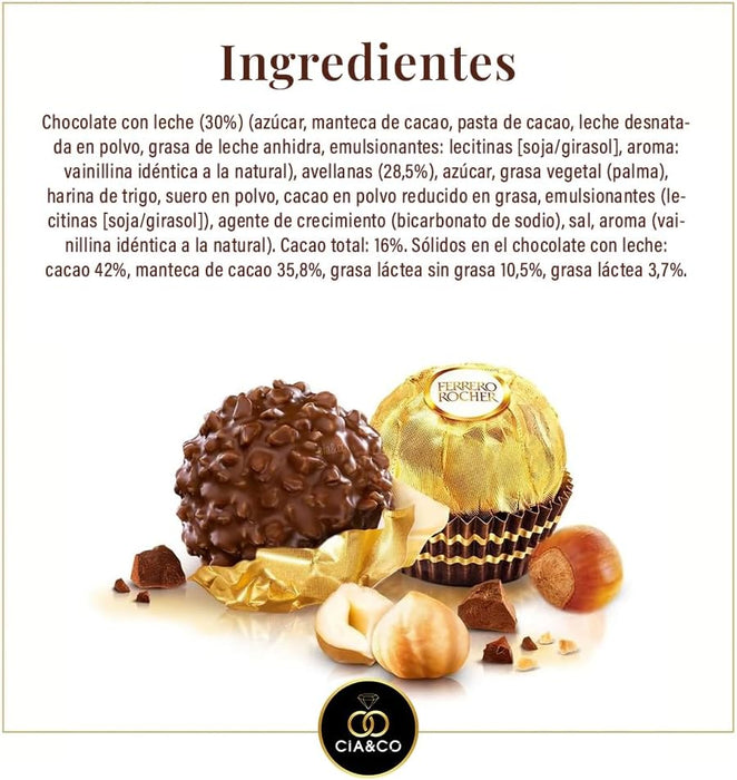Caja de 16 Bombones Ferrero Rocher (200g) con Tarjeta Personalizada Cia&Co. El regalo perfecto para cumpleaños, aniversarios y agradecimientos, con un mensaje único para esa persona especial. Cia&Co - ingredientes
