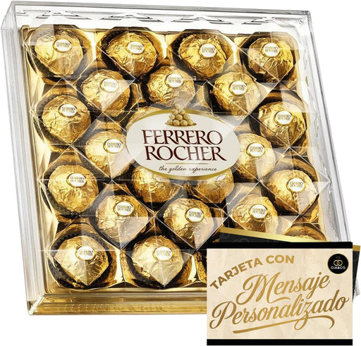 Caja de 24 Bombones Ferrero Rocher (300g) con Tarjeta Dedicatoria Personalizada por Cia&Co. Un regalo generoso y elegante para celebraciones importantes, hecho único con tu propio mensaje. Cia&Co - frontal