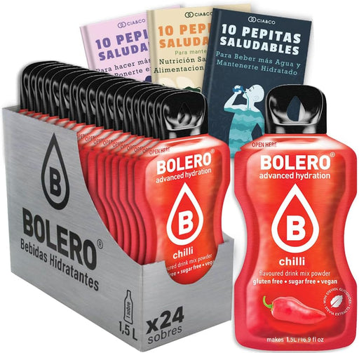 Caja de 24 sobres de Bolero sabor Guindilla, una bebida sin azúcar para los más atrevidos. Incluye 30 Pepitas Saludables de Cia&Co para un estilo de vida vibrante. Cia&Co - frontal