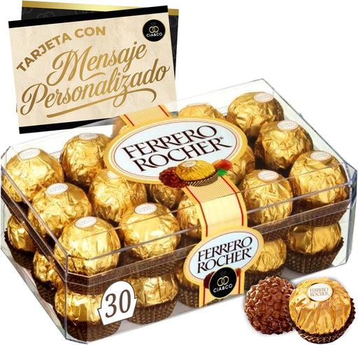 Caja de 30 Bombones Ferrero Rocher (375g) con Tarjeta Personalizada por Cia&Co. El máximo exponente del regalo dulce, ideal para compartir en grandes eventos o para un detalle de lujo. Cia&Co - frontal