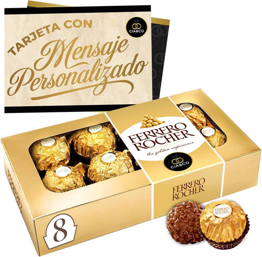 Caja de 8 Bombones Ferrero Rocher (100g) con Tarjeta Personalizada de Cia&Co. Un detalle elegante y delicioso para expresar gratitud o afecto de una manera personal y sofisticada. Cia&Co - frontal