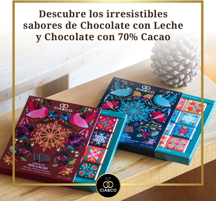 Caja Regalo con 12 Chocolatinas de Chocolate con Leche. Un detalle original con envoltorios de diseño y tarjeta personalizable, ideal para San Valentín y cumpleaños. Cia&Co - detalle