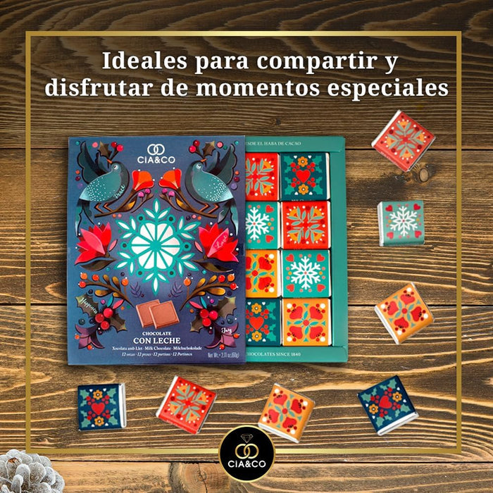 Caja Regalo con 12 Chocolatinas de Chocolate con Leche. Un detalle original con envoltorios de diseño y tarjeta personalizable, ideal para San Valentín y cumpleaños. Cia&Co - ingredientes