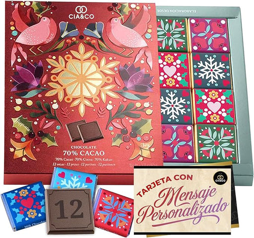 Caja Regalo con 12 Chocolatinas de Chocolate Negro 70% Cacao. Un detalle original y elegante para San Valentín o aniversarios, con tarjeta personalizable. Cia&Co - frontal