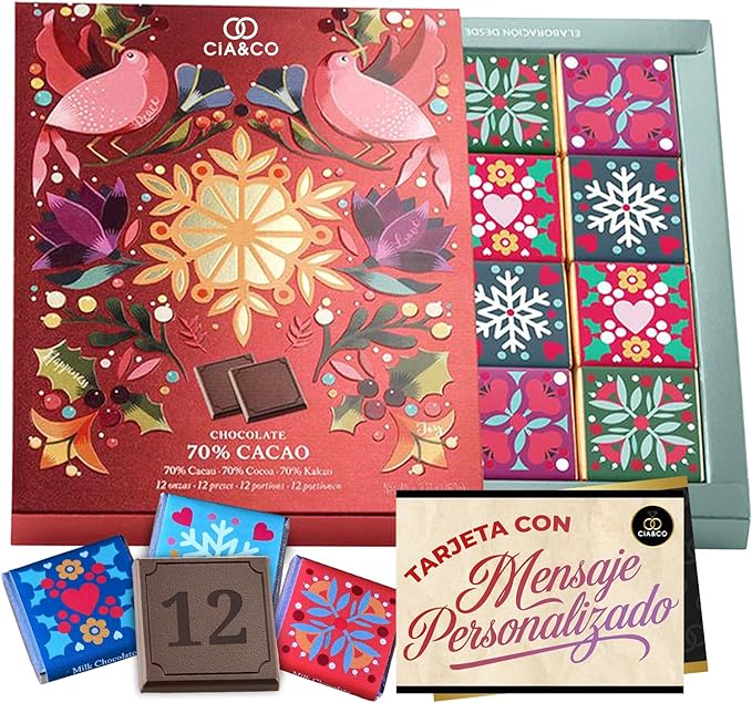 Caja Regalo con 12 Chocolatinas de Chocolate Negro 70% Cacao. Un detalle original y elegante para San Valentín o aniversarios, con tarjeta personalizable. Cia&Co - frontal