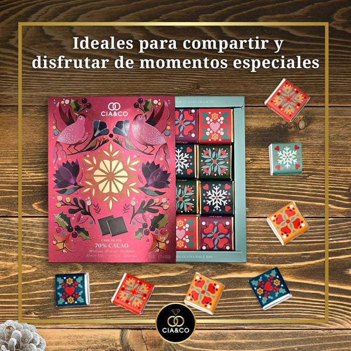 Caja Regalo con 12 Chocolatinas de Chocolate Negro 70% Cacao. Un detalle original y elegante para San Valentín o aniversarios, con tarjeta personalizable. Cia&Co - uso