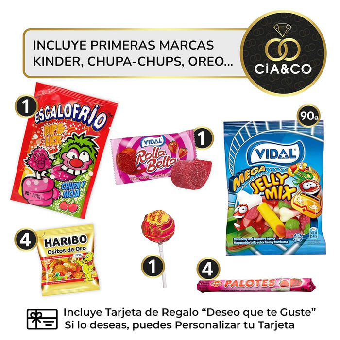 Cajita Regalo con +20 Chocolates y Chuches Cia&Co. Un surtido de primeras marcas con Kinder, Oreo, Haribo y Lacasitos, ideal para regalar en cumpleaños con tarjeta personalizada. Cia&Co - detalle