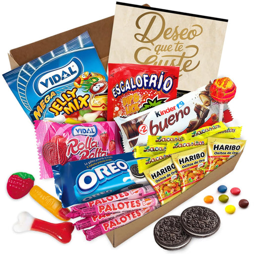 Cajita Regalo con +20 Chocolates y Chuches Cia&Co. Un surtido de primeras marcas con Kinder, Oreo, Haribo y Lacasitos, ideal para regalar en cumpleaños con tarjeta personalizada. Cia&Co - frontal