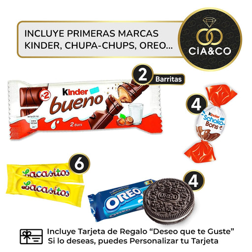 Cajita Regalo con +20 Chocolates y Chuches Cia&Co. Un surtido de primeras marcas con Kinder, Oreo, Haribo y Lacasitos, ideal para regalar en cumpleaños con tarjeta personalizada. Cia&Co - pack