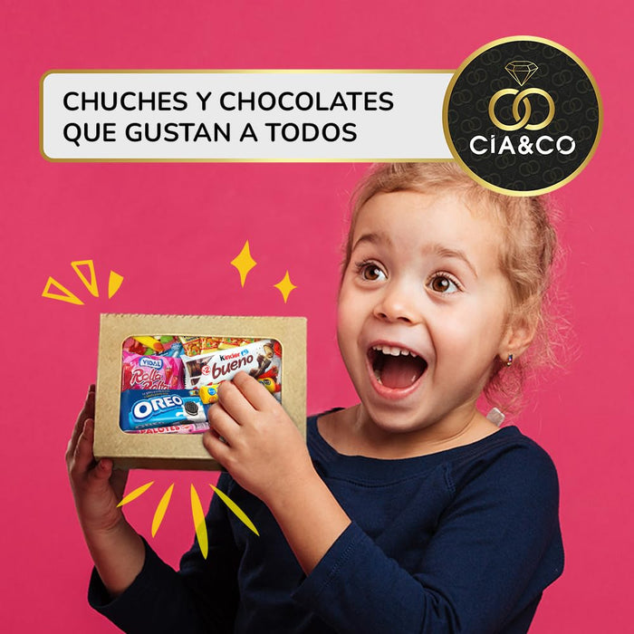 Cajita Regalo con +20 Chocolates y Chuches Cia&Co. Un surtido de primeras marcas con Kinder, Oreo, Haribo y Lacasitos, ideal para regalar en cumpleaños con tarjeta personalizada. Cia&Co - uso