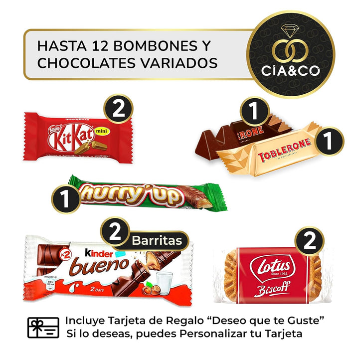 Cajita Regalo de Lujo con Bombones Lindt Lindor y Ferrero Rocher. Un surtido con 12 bombones y chocolates premium como Kinder Bueno y Toblerone, con tarjeta personalizada. Cia&Co - detalle