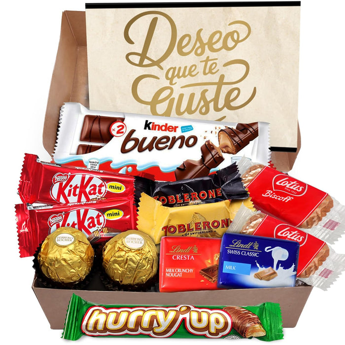 Cajita Regalo de Lujo con Bombones Lindt Lindor y Ferrero Rocher. Un surtido con 12 bombones y chocolates premium como Kinder Bueno y Toblerone, con tarjeta personalizada. Cia&Co - frontal