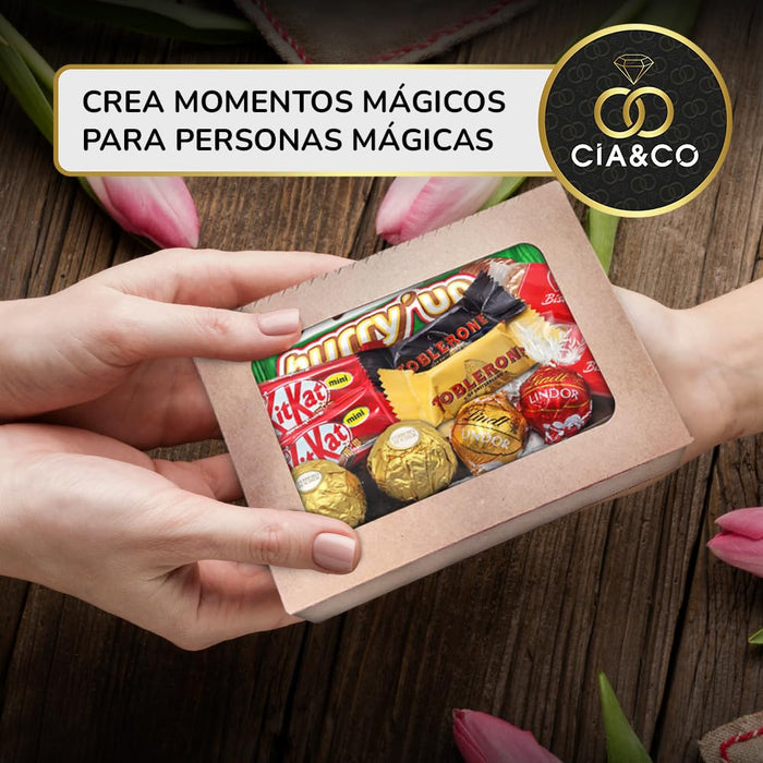 Cajita Regalo de Lujo con Bombones Lindt Lindor y Ferrero Rocher. Un surtido con 12 bombones y chocolates premium como Kinder Bueno y Toblerone, con tarjeta personalizada. Cia&Co - lateral