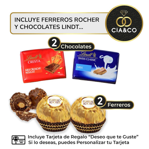 Cajita Regalo de Lujo con Bombones Lindt Lindor y Ferrero Rocher. Un surtido con 12 bombones y chocolates premium como Kinder Bueno y Toblerone, con tarjeta personalizada. Cia&Co - pack