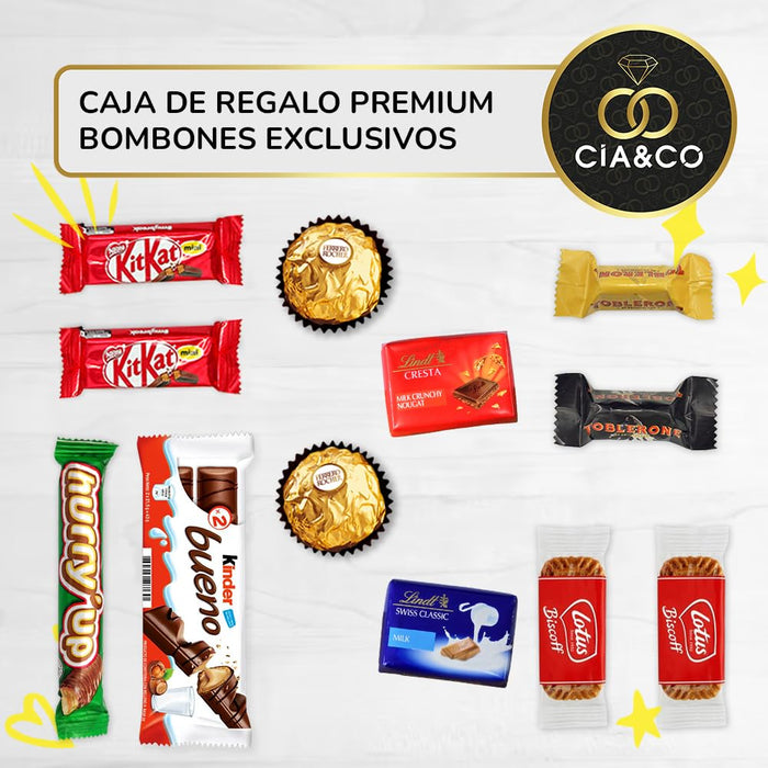 Cajita Regalo de Lujo con Bombones Lindt Lindor y Ferrero Rocher. Un surtido con 12 bombones y chocolates premium como Kinder Bueno y Toblerone, con tarjeta personalizada. Cia&Co - uso