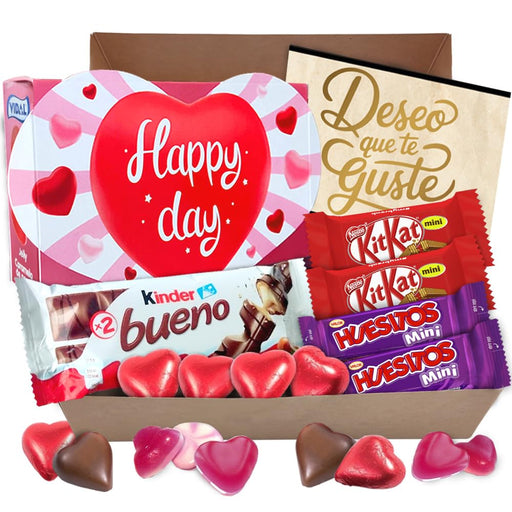 Cajita Regalo Momento Sorpresa con Chocolates y Gominolas de Corazón. Un detalle dulce con Kinder Bueno, Kit Kat y Huesitos, con tarjeta personalizada para cualquier ocasión. Cia&Co - frontal