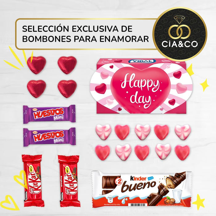 Cajita Regalo Momento Sorpresa con Chocolates y Gominolas de Corazón. Un detalle dulce con Kinder Bueno, Kit Kat y Huesitos, con tarjeta personalizada para cualquier ocasión. Cia&Co - uso