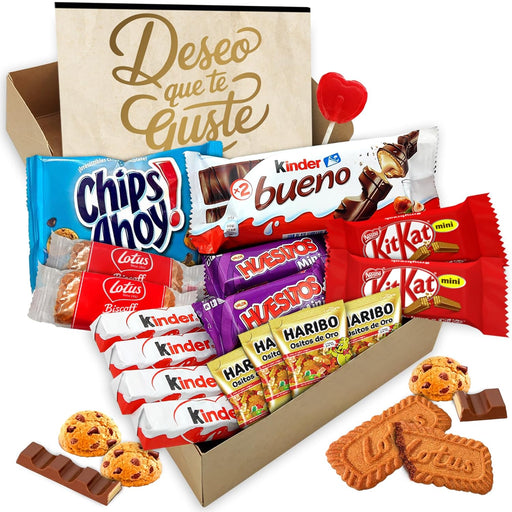 Cajita Regalo VIP con 17 Chocolates de Primeras Marcas Cia&Co. Un surtido con Kinder Bueno, Cards, Kit Kat, Twix, Mars y Lotus, ideal como detalle original con tarjeta personalizada. Cia&Co - frontal