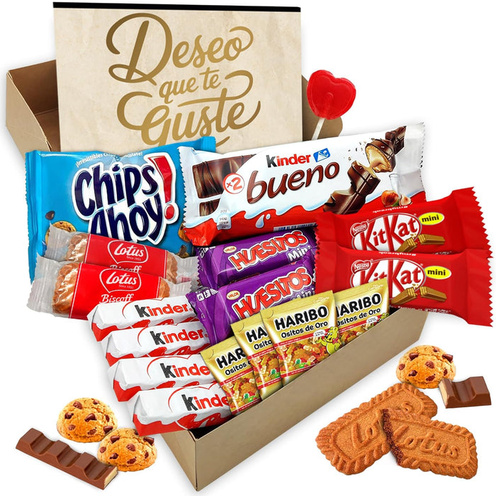 Cajita Regalo VIP con 17 Chocolates de Primeras Marcas Cia&Co. Un surtido con Kinder Bueno, Cards, Kit Kat, Twix, Mars y Lotus, ideal como detalle original con tarjeta personalizada. Cia&Co - frontal