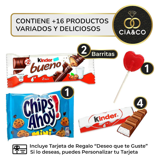 Cajita Regalo VIP con 17 Chocolates de Primeras Marcas Cia&Co. Un surtido con Kinder Bueno, Cards, Kit Kat, Twix, Mars y Lotus, ideal como detalle original con tarjeta personalizada. Cia&Co - pack