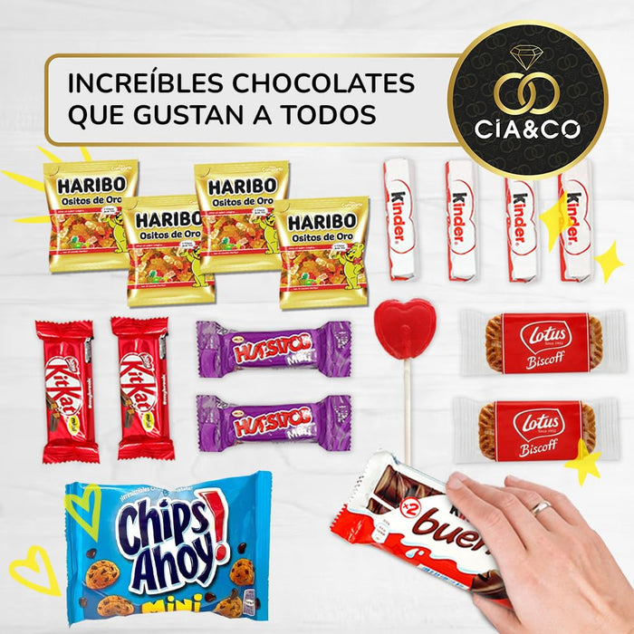 Cajita Regalo VIP con 17 Chocolates de Primeras Marcas Cia&Co. Un surtido con Kinder Bueno, Cards, Kit Kat, Twix, Mars y Lotus, ideal como detalle original con tarjeta personalizada. Cia&Co - uso