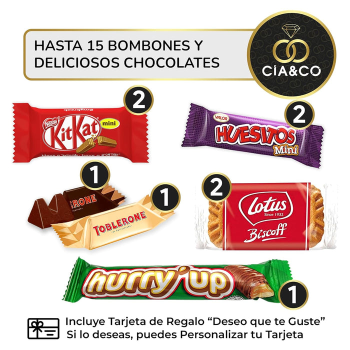 Cajita Regalo VIP con Caja Roja de Nestlé y 14 Bombones y Chocolates. Un surtido premium con Toblerone, Kit Kat y Lotus, preparado a mano y con tarjeta personalizada. Cia&Co - detalle