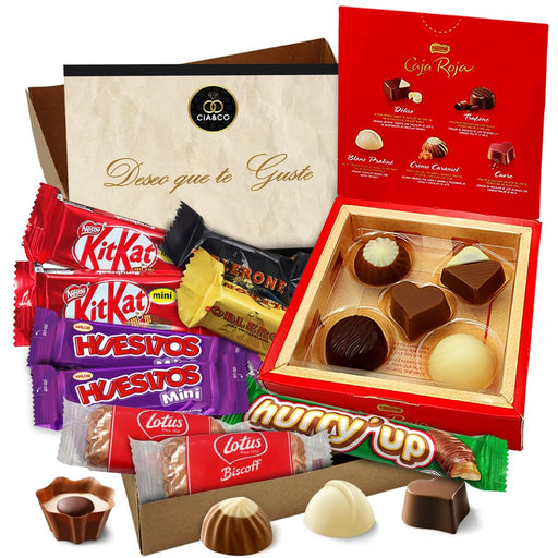 Cajita Regalo VIP con Caja Roja de Nestlé y 14 Bombones y Chocolates. Un surtido premium con Toblerone, Kit Kat y Lotus, preparado a mano y con tarjeta personalizada. Cia&Co - frontal