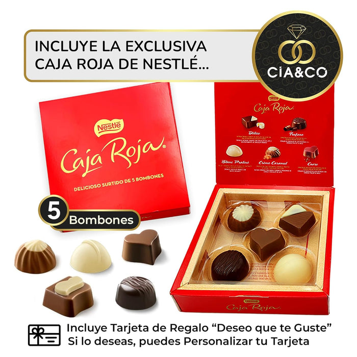 Cajita Regalo VIP con Caja Roja de Nestlé y 14 Bombones y Chocolates. Un surtido premium con Toblerone, Kit Kat y Lotus, preparado a mano y con tarjeta personalizada. Cia&Co - pack