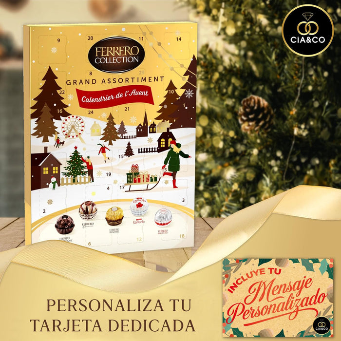 Calendario de Adviento Ferrero Rocher 2024 (256g) con una selección de lujo de 5 especialidades: Rocher, RondNoir, Rafaello, Cappuccino y Manderly. Incluye tarjeta personalizable Cia&Co. Cia&Co - detalle