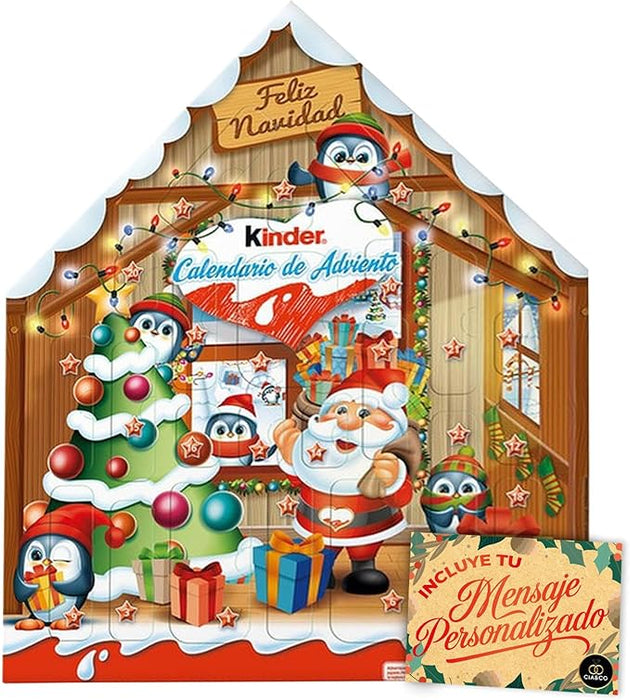Calendario de Adviento Kinder Casa 2024 con 24 Chocolates Surtidos (184g) y Tarjeta Personalizable Cia&Co. Incluye Huevo Kinder Sorpresa, Schoko-Bons y más. Cia&Co - frontal