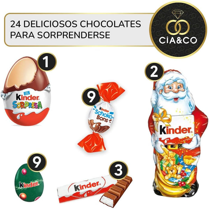 Calendario de Adviento Kinder Casa 2024 con 24 Chocolates Surtidos (184g) y Tarjeta Personalizable Cia&Co. Incluye Huevo Kinder Sorpresa, Schoko-Bons y más. Cia&Co - lateral