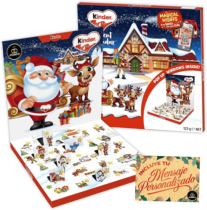 Calendario de Adviento Kinder POP UP Interactivo, 123g. Una cuenta atrás para Navidad con 24 sorpresas, juegos QR y Tarjeta Personalizable Cia&Co. Cia&Co - frontal