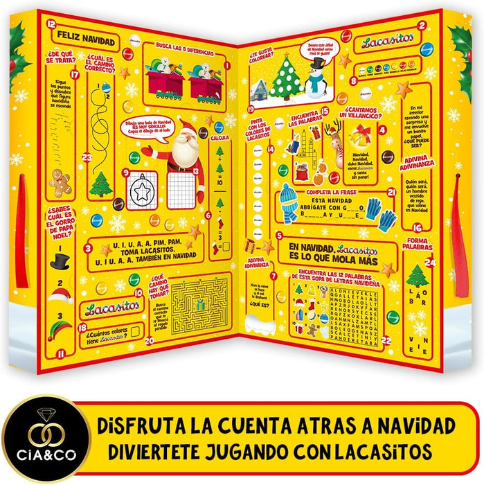 Calendario de Adviento Lacasitos en formato libro, 346g de chocolate, con 24 sorpresas variadas, juegos interactivos y tarjeta personalizada Cia&Co. El mejor regalo. Cia&Co - ingredientes