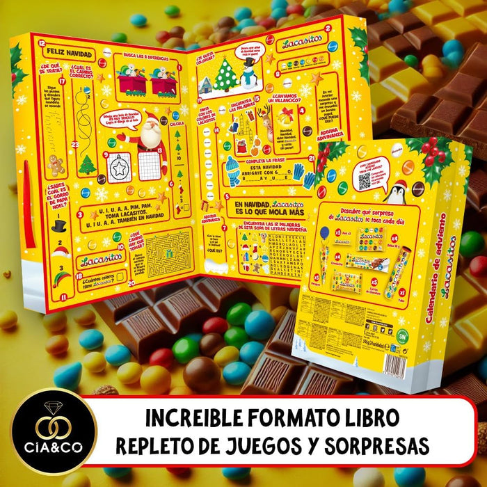 Calendario de Adviento Lacasitos en formato libro, 346g de chocolate, con 24 sorpresas variadas, juegos interactivos y tarjeta personalizada Cia&Co. El mejor regalo. Cia&Co - lateral