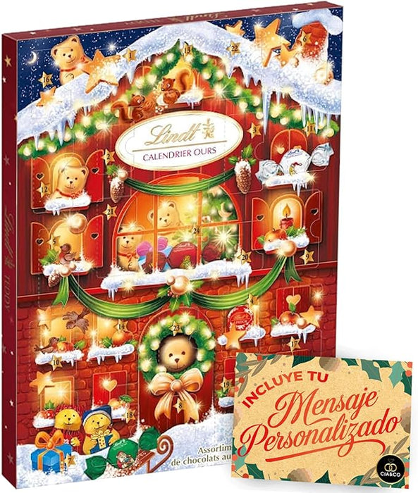 Calendario de Adviento Lindt Teddy 2024 con 24 bombones y chocolates surtidos de 170gr. Incluye una tarjeta de felicitación personalizable de Cia&Co para un regalo único. Cia&Co - frontal