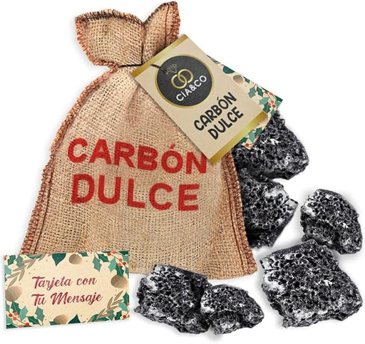 Carbón de Reyes Artesano de Cia&Co, 100gr. Saquito de tela con carbón dulce sin gluten y tarjeta personalizable. El regalo perfecto para la noche de Reyes Magos. Cia&Co - frontal