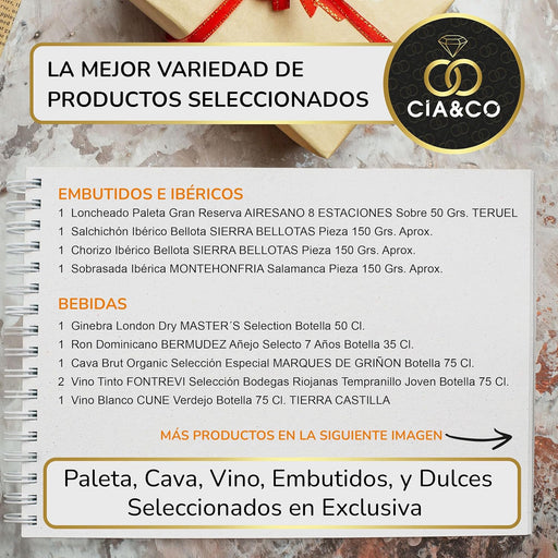 Cesta de Navidad Cia&Co Lote A214, Selección Gourmet. Un regalo tradicional con Cava Codorníu, vino tinto, ibéricos y dulces navideños. Incluye tarjeta personalizada para un detalle perfecto. Cia&Co - pack