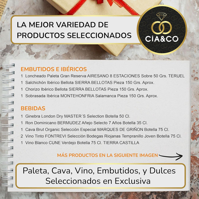 Cesta de Navidad Cia&Co Lote A214, Selección Gourmet. Un regalo tradicional con Cava Codorníu, vino tinto, ibéricos y dulces navideños. Incluye tarjeta personalizada para un detalle perfecto. Cia&Co - pack