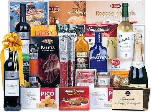 Cesta de Navidad Cia&Co Lote A214, Selección Gourmet. Un regalo tradicional con Cava Codorníu, vino tinto, ibéricos y dulces navideños. Incluye tarjeta personalizada para un detalle perfecto. Cia&Co - frontal