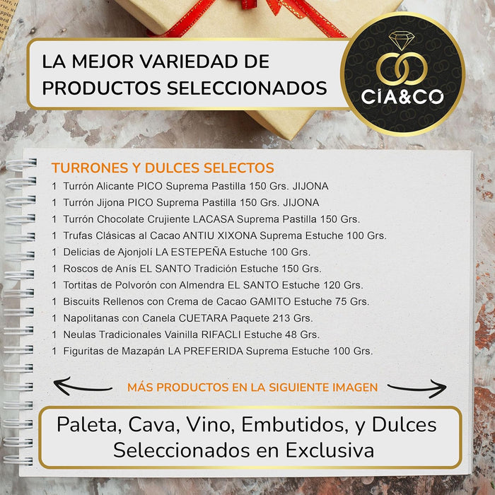 Cesta de Navidad Cia&Co Lote A214, Selección Gourmet. Un regalo tradicional con Cava Codorníu, vino tinto, ibéricos y dulces navideños. Incluye tarjeta personalizada para un detalle perfecto. Cia&Co - detalle