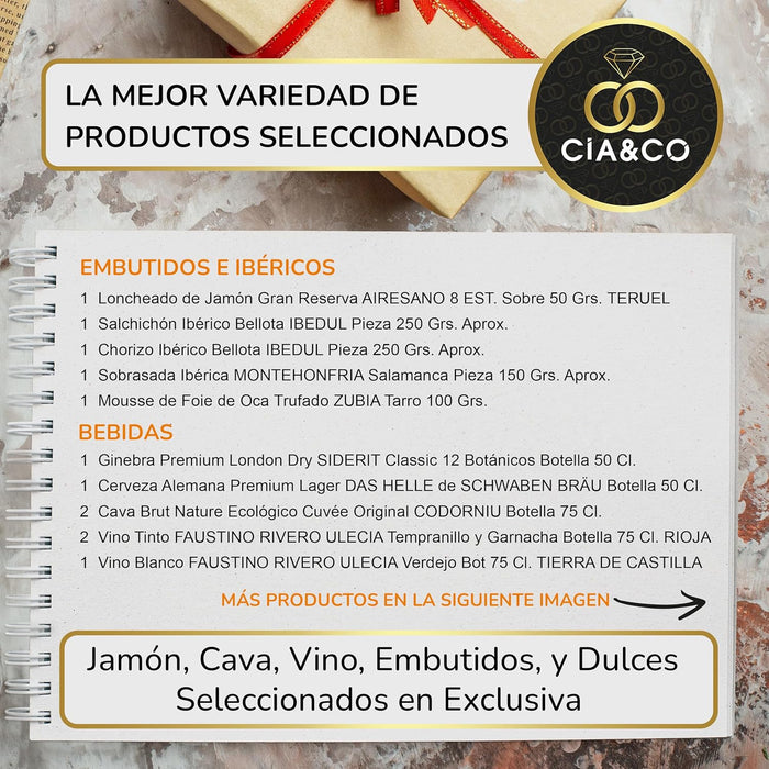 Cesta de Navidad Cia&Co Lote A215, Selección Gourmet. Un completo lote navideño con Cava, dos vinos, ibéricos de bellota y un gran surtido de dulces para un regalo de prestigio. Cia&Co - detalle