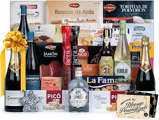 Cesta de Navidad Cia&Co Lote A215, Selección Gourmet. Un completo lote navideño con Cava, dos vinos, ibéricos de bellota y un gran surtido de dulces para un regalo de prestigio. Cia&Co - frontal