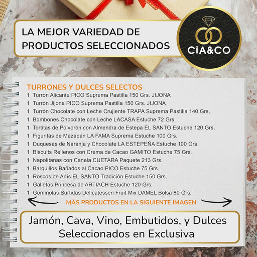 Cesta de Navidad Cia&Co Lote A215, Selección Gourmet. Un completo lote navideño con Cava, dos vinos, ibéricos de bellota y un gran surtido de dulces para un regalo de prestigio. Cia&Co - pack