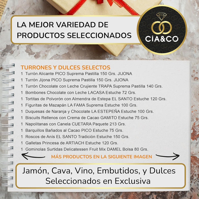 Cesta de Navidad Cia&Co Lote A215, Selección Gourmet. Un completo lote navideño con Cava, dos vinos, ibéricos de bellota y un gran surtido de dulces para un regalo de prestigio. Cia&Co - pack