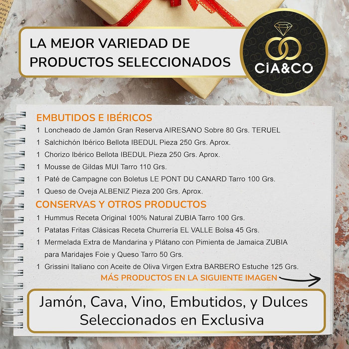 Cesta de Navidad Cia&Co Lote A219, Selección Gourmet. Un lote navideño excepcional con Cava, vinos, ibéricos, queso y una gran variedad de dulces, perfecto para regalar a empresas y familiares. Cia&Co - pack