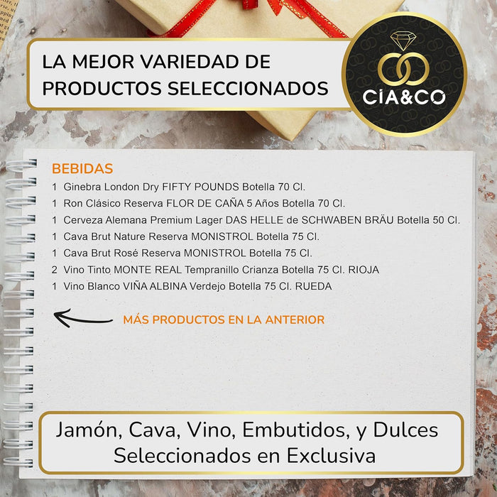 Cesta de Navidad Cia&Co Lote A219, Selección Gourmet. Un lote navideño excepcional con Cava, vinos, ibéricos, queso y una gran variedad de dulces, perfecto para regalar a empresas y familiares. Cia&Co - ingredientes