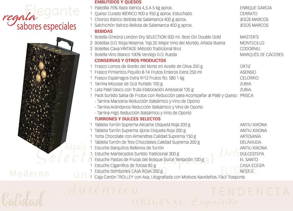 Cesta de Navidad Cia&Co Lote B812 con Paleta Serrana Reserva. Un completo lote navideño con paleta, bebidas, ibéricos de bellota y un gran surtido de dulces para un regalo memorable. Cia&Co - pack