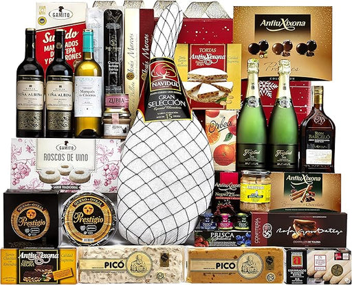 Cesta de Navidad Cia&Co Lote B814 con Jamón Serrano Gran Reserva. El regalo navideño por excelencia, con un jamón de más de 7kg, bebidas premium, ibéricos, queso y un gran surtido de dulces. Cia&Co - frontal