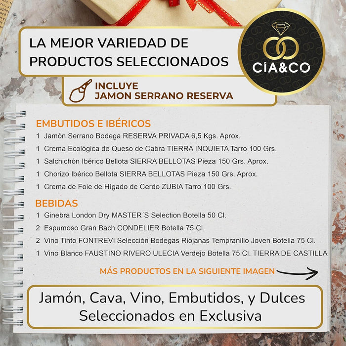 Cesta de Navidad con Jamón Gourmet Lote A306 de Cia&Co. Un regalo corporativo de prestigio con Jamón Serrano Gran Reserva y tarjeta personalizable con el logo de tu empresa. Cia&Co - detalle