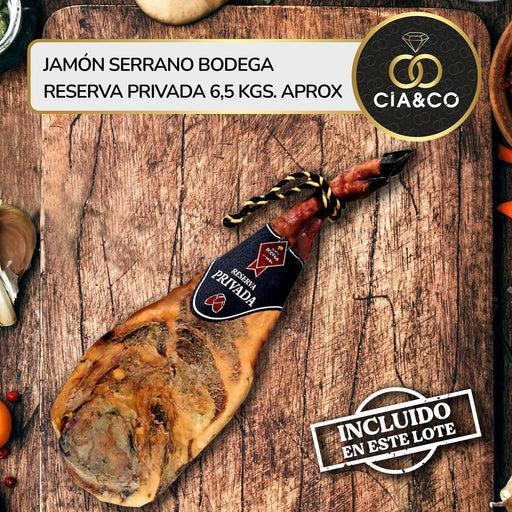 Cesta de Navidad con Jamón Gourmet Lote A306 de Cia&Co. Un regalo corporativo de prestigio con Jamón Serrano Gran Reserva y tarjeta personalizable con el logo de tu empresa. Cia&Co - pack